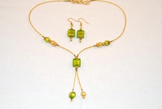 Lime murano glass square dangle necklace and earrings