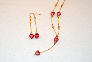 Pink murano glass dangle heart necklace and earrings