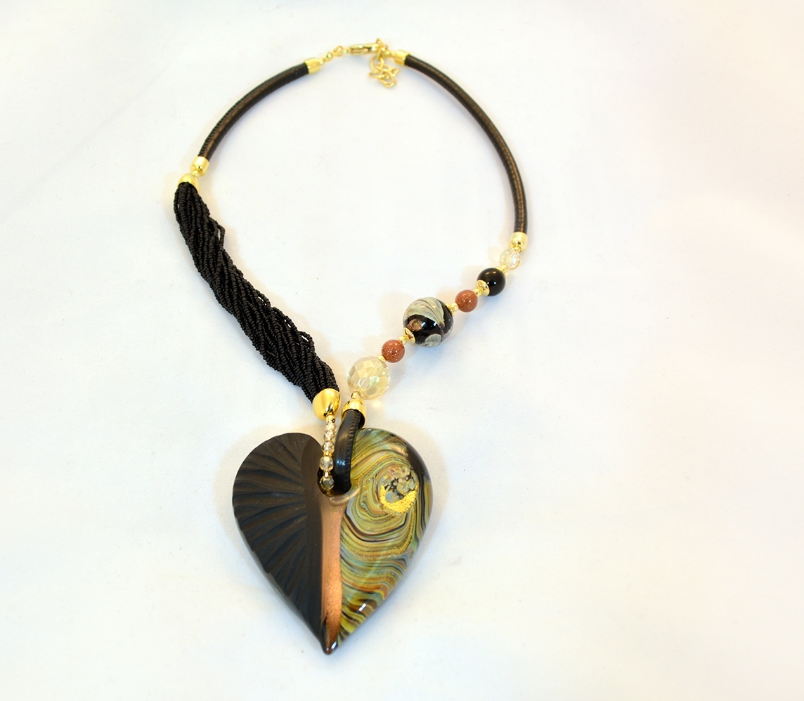 Black and Gold Murano Intaglio Glass Heart Necklace - Murano Glass ...