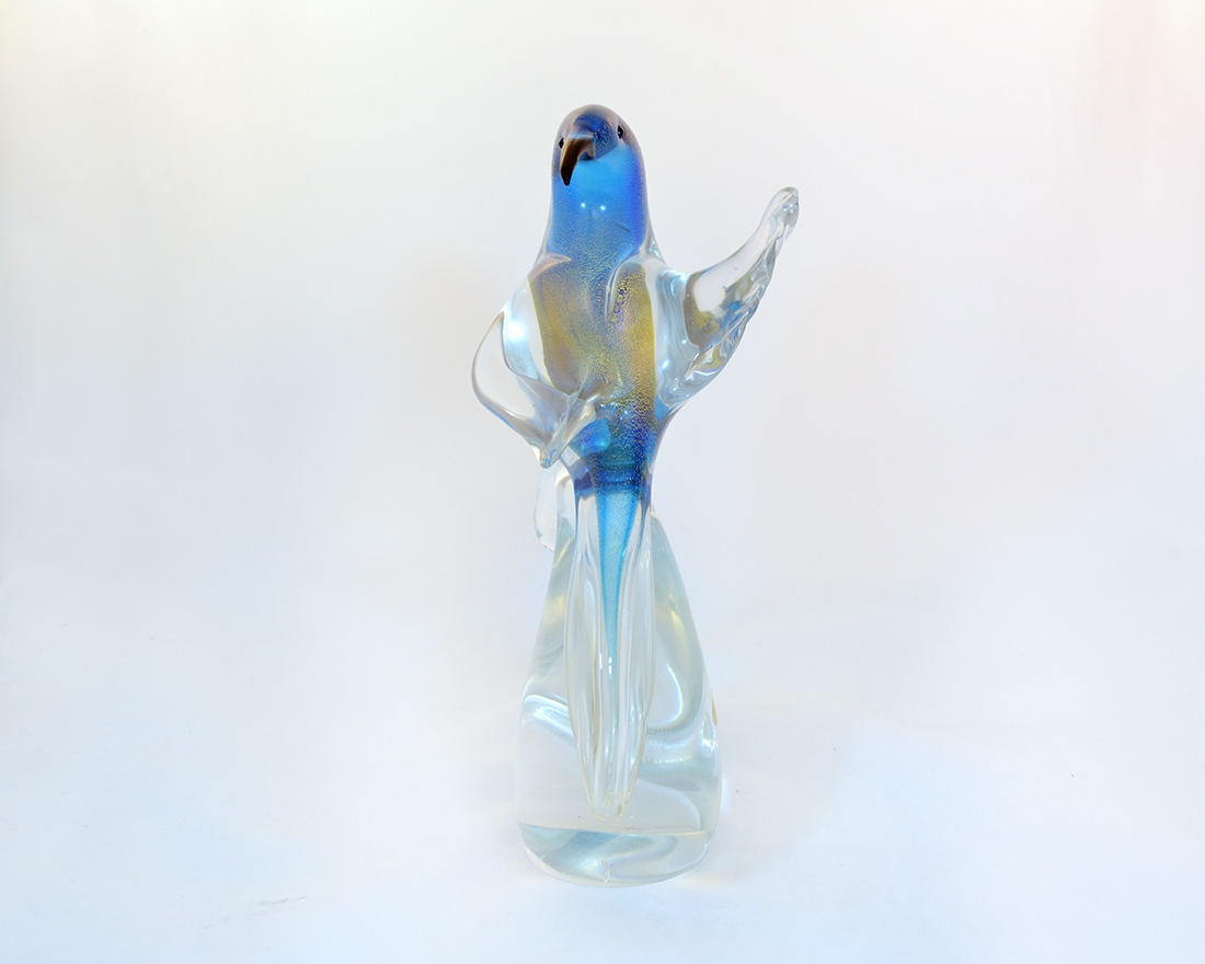 Head backwards bird on a branch aqua blue and gold murano glass