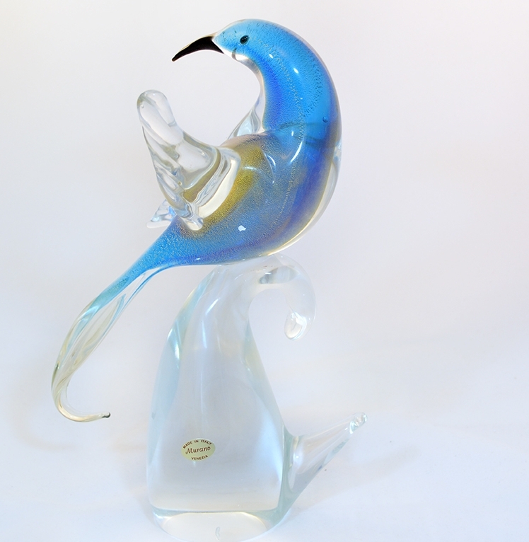 Head backwards bird on a branch aqua blue and gold murano glass