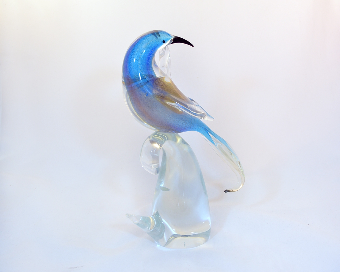 Head backwards bird on a branch aqua blue and gold murano glass