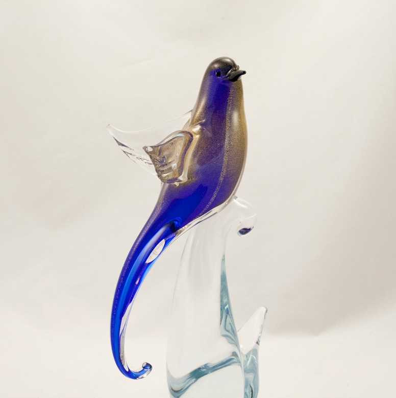 Murano Glass Bird of Paradise Open wings Cobalt/Gold Face Forward