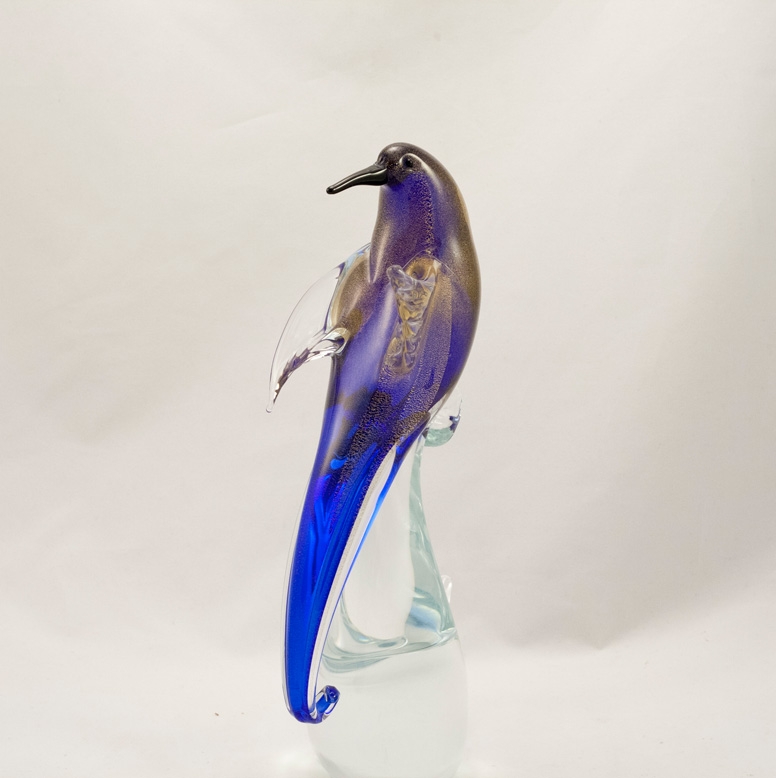 Murano Glass Bird of Paradise Open wings Cobalt/Gold Face Backward