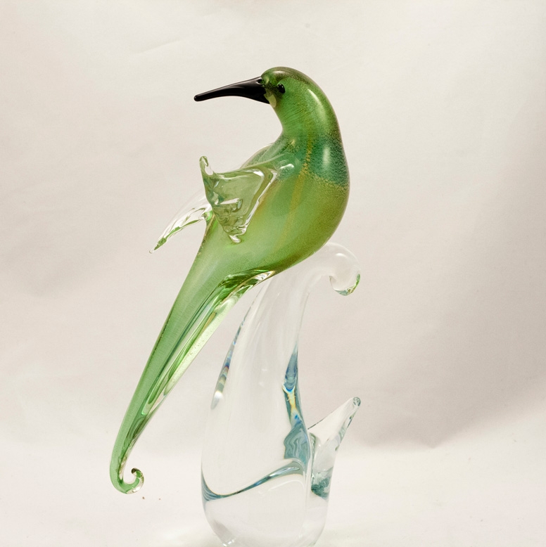 Murano Glass Bird of Paradise Open wings Green/Gold Head Back