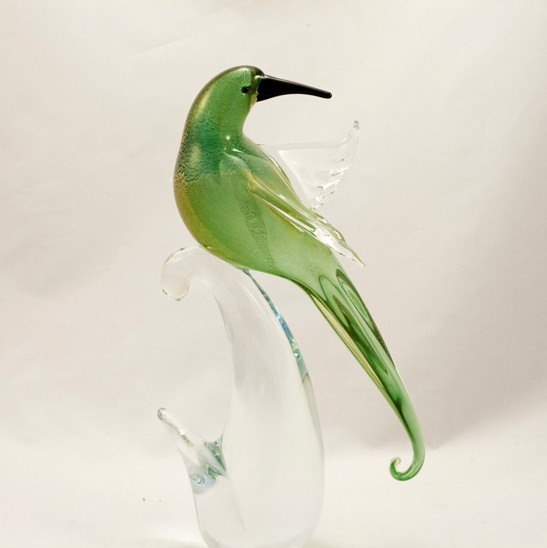 Murano Glass Bird of Paradise Open wings Green/Gold Head Back