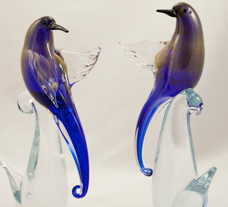 Murano Glass Birds of Paradise Open wings Cobalt/Gold Pair