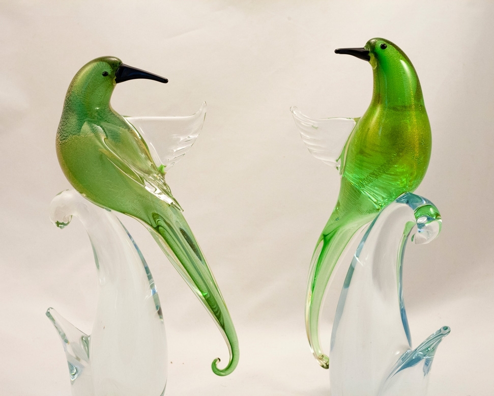 Murano Glass Birds of Paradise Open wings Green/Gold Pair