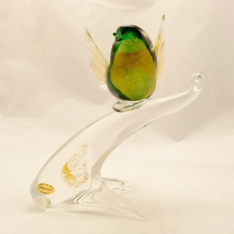 Murano Glass Green Gold Bird on the Branch