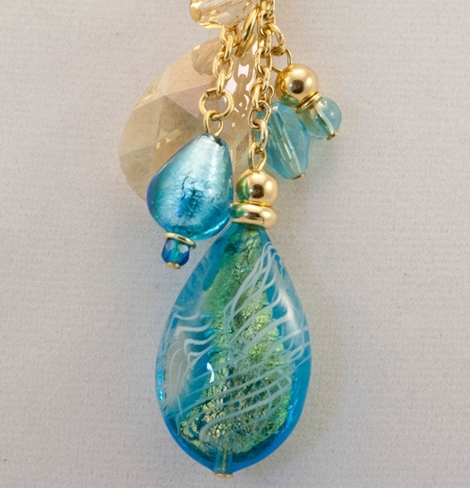 Murano Glass Necklace in Aqua and Green Multi Murano Glass Beads, Asymetrical Design 28 Inches