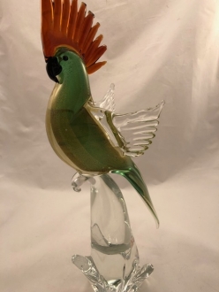 Murano Glass Parrot Green/Gold With Amber Crest