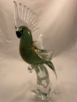 Murano Glass Parrot Green with Clear Crest and Open Wings