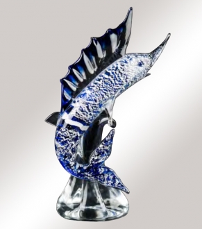 Murano Glass Blue/Silver Fish On Crystal Base