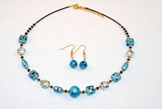 Cubes, oblongs and globes aqua murano glass necklace and earrings set
