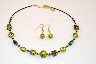 Cubes, oblongs and globes lime murano glass necklace and earrings set