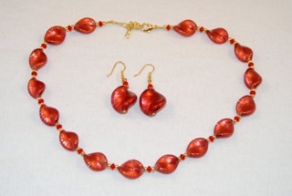 Red murano glass small twists necklace and errings