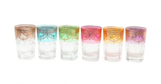Set of 6 Short Colored Tumblers With Rich Gold Design- Dishwashing Safe
