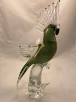 Murano Glass Parrot Green with Clear Crest and Open Wings