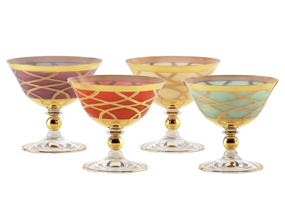 Set of 4 Milk Glass Dessert Cups- Mix Colored- 24K Gold