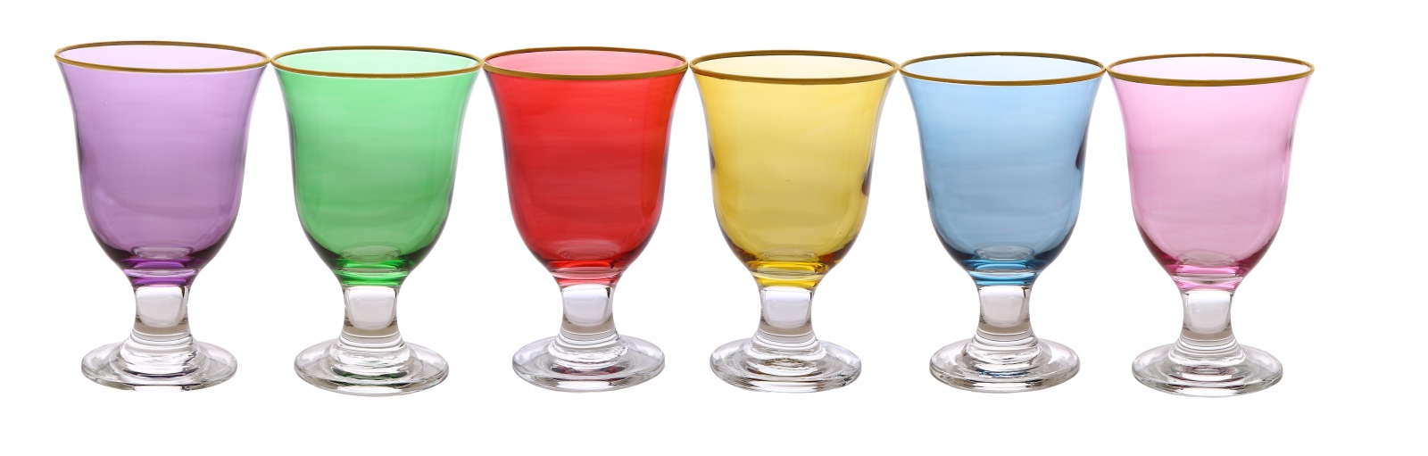 Set of 6 Assorted Colored Short Stem Glasses with Rich Gold Design