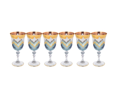 Set of 6 Blue Water Glasses with 24K Gold Artwork