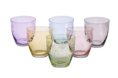 Set of 6 colored drinking glasses with artwork designs- 3.5D x 3.75H, 13 oz