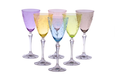 Set of 6 colored water glasses with artwork designs- 3.25D x 8.75H, 10 oz
