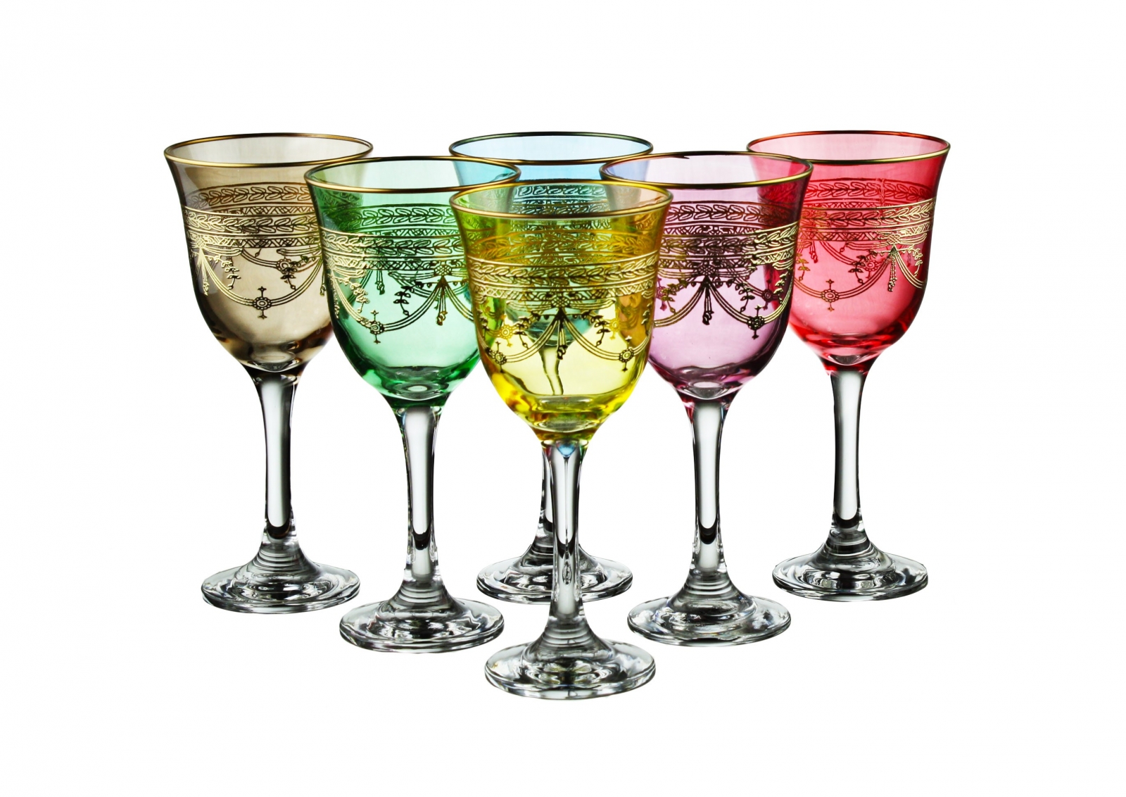 Set of 6 Colored Water Glasses With Rich Gold Design- Dishwashing Safe