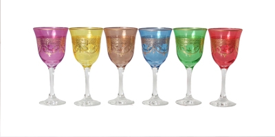 Set of 6 Colored Water Glasses With Rich Gold Design- Dishwashing Safe