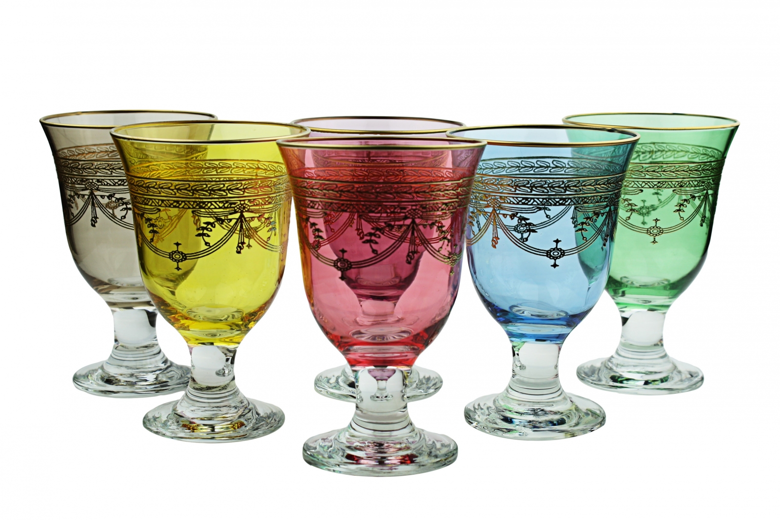 Set Of 6 Colored Wine Glasses With Rich Gold Design Dishwashing Safe World Art Glass Murano