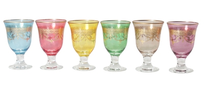 Set of 6 Colored Wine Glasses With Rich Gold Design- Dishwashing Safe