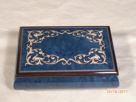 Dark Blue High Gloss Music Box with Ornamental Inlay