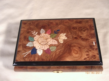 Burled  Walnut High Gloss Music Box Flower Inlay