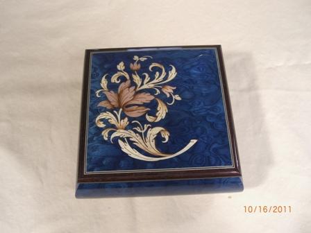 Dark Blue Music Box with Ornamental Inlay