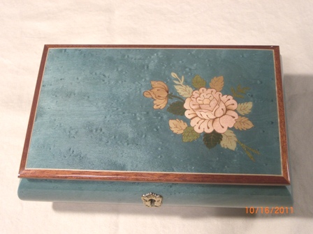 Aqua High Gloss Music Box with a Flower  Inlay