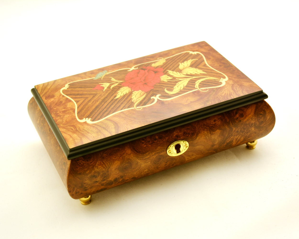 Burled  Walnut Music Box with Red Rose and Butterfly Inlay