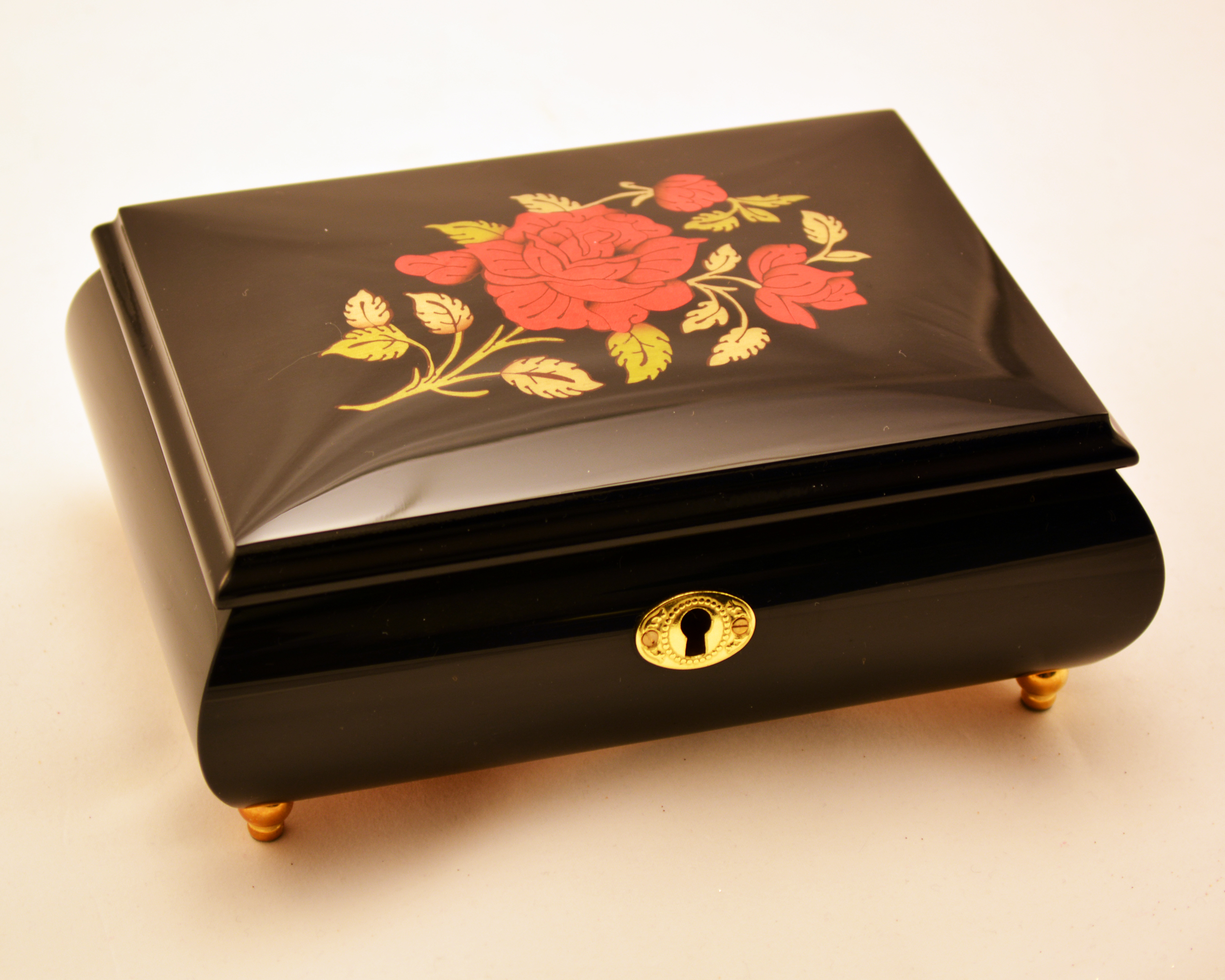 Red Rose Black Lacquer music jewelry box