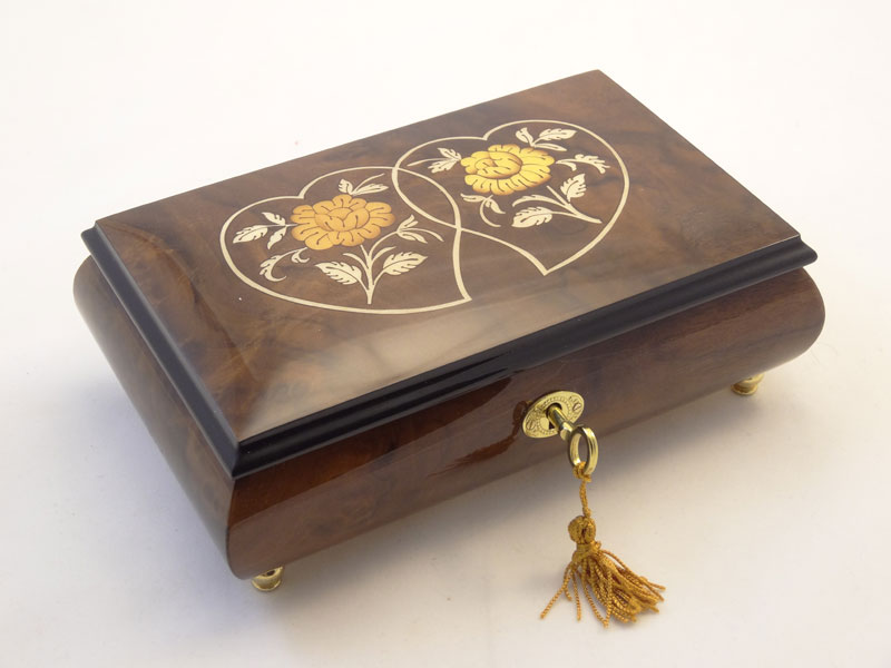Two hearts and Two Roses Inlay Jewelry Music box