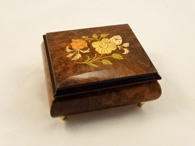 Brown high gloss music box with flowers inlay