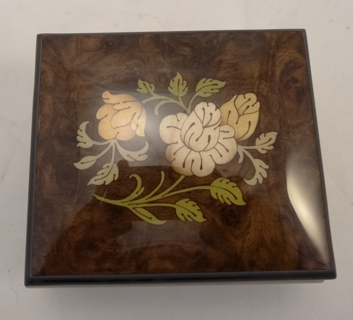 Burl walnut high gloss music box with flowers inlay