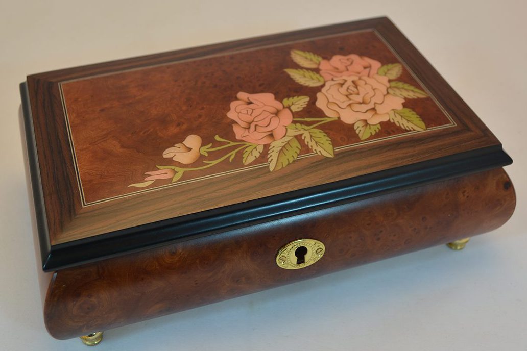 Roses Inlay Matte Burl Elm Musical Jewelry Box