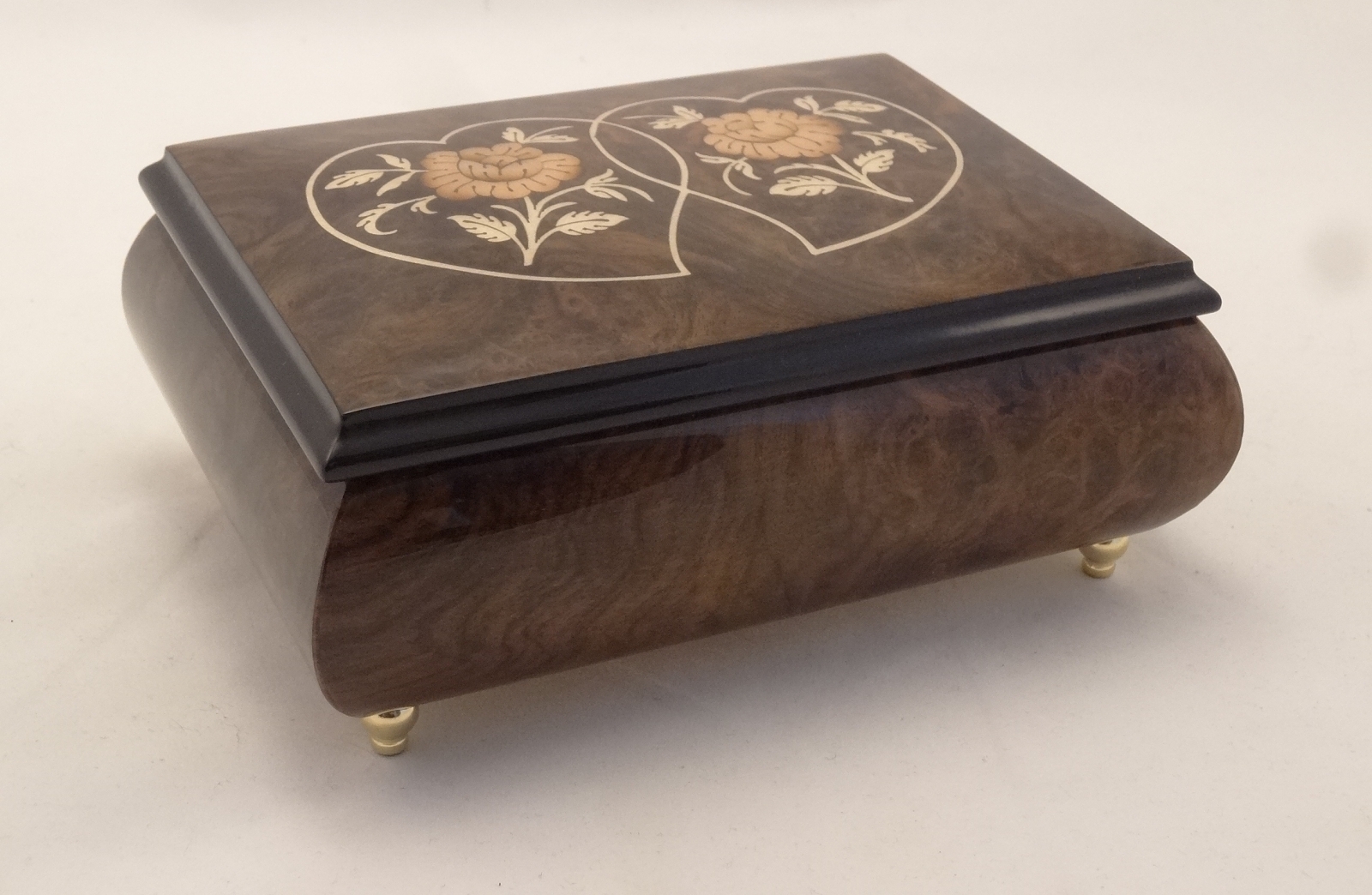 Two Hearts and Two Roses High Gloss Burl Walnut Music Box