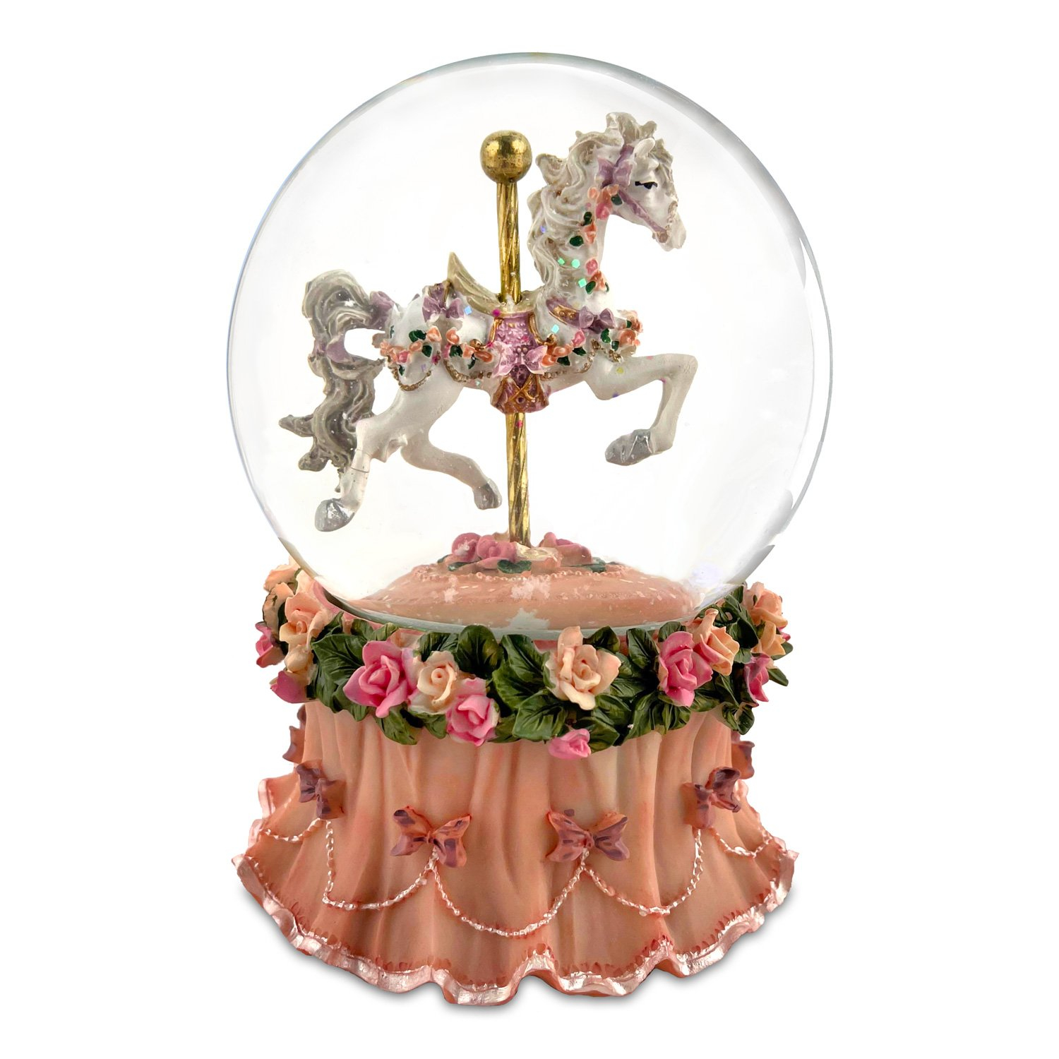 Carousel Horse Water Globe with Pink Flower Base