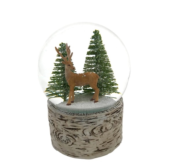 20047 Snow Globe Deer Silver with Silver Base Snowflake with Music Box 100mm diameter 