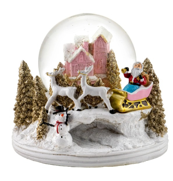 Santa w/ Reindeer Pink Cottage Snow Globe