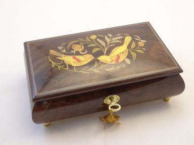 Burled Walnut High Gloss Music Box with Birds and Flowers Inlay
