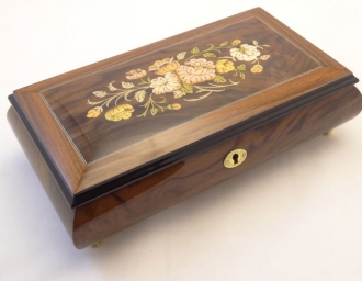 High Gloss Burlwalnut Jewelry Music Box with Floral Inlay