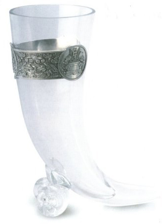 German Glass Beer Horn with Hops & Barley Pewter Decor