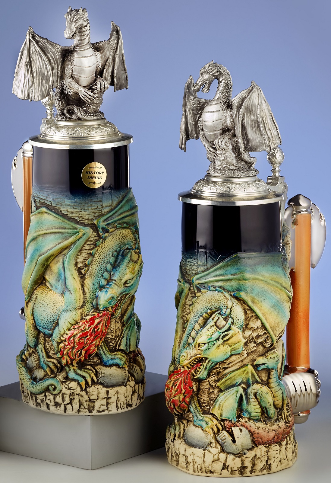 Green Fire Breathing Dragon with Pewter Dragon Lid LE German Beer Stein .7 L
