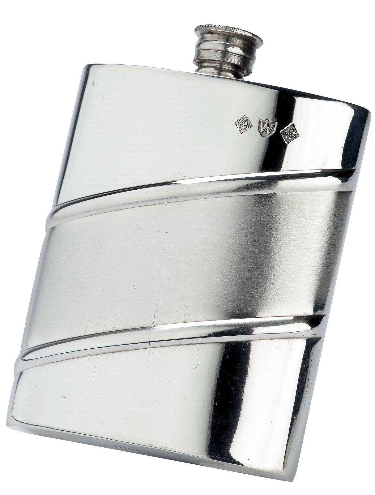 Curved Satin Band Fine English Pewter Flask